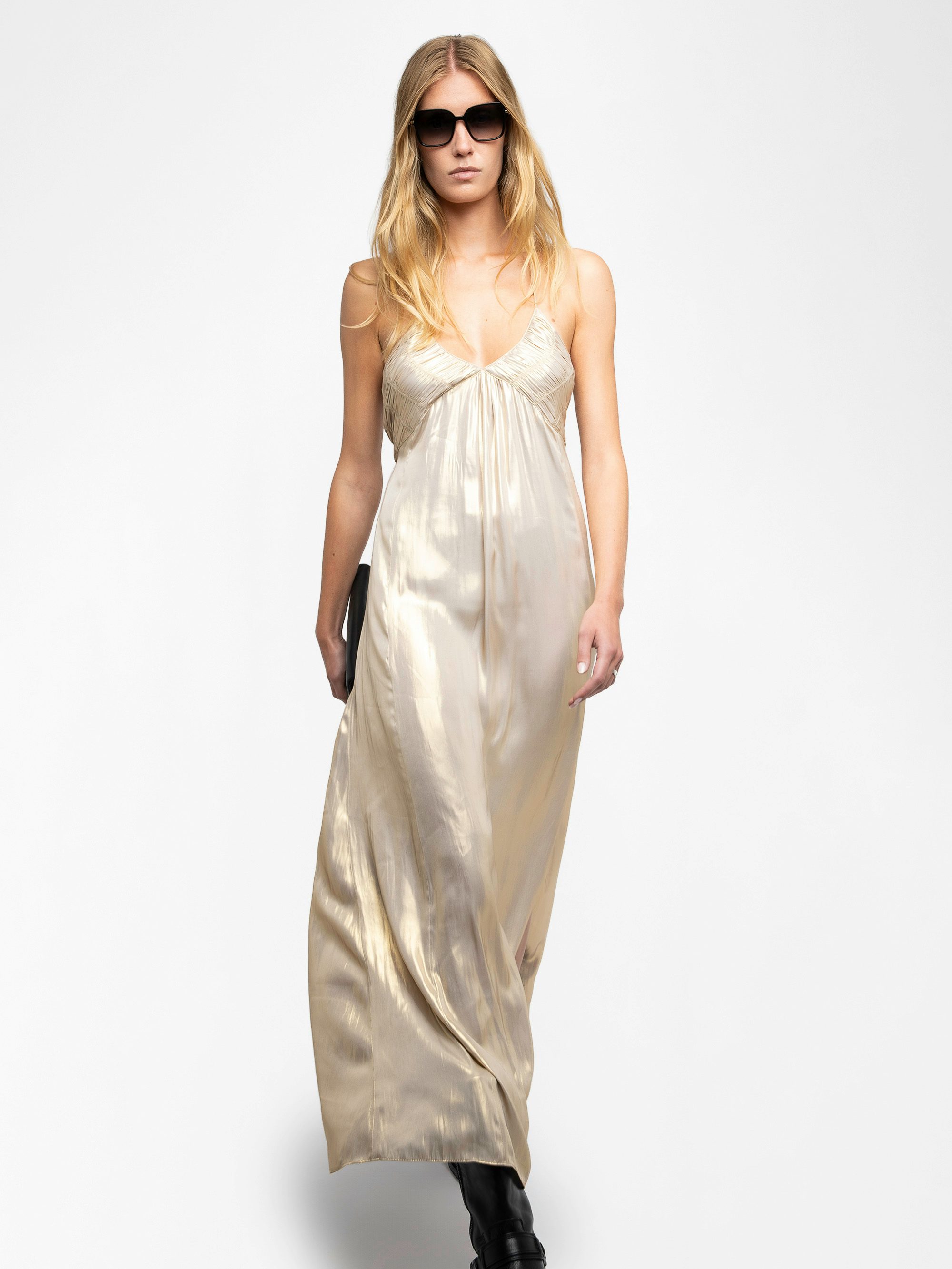 Satin Rayon Dress - Long pleated lingerie-inspired dress in satin, with slit and adjustable cross-over straps.